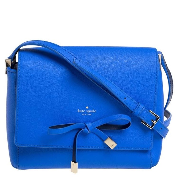 Kate Spade Blue Leather Bow Flap Crossbody Spacious Shoulder Bag 👜 Fits📱💄💵 - Picture 1 of 16